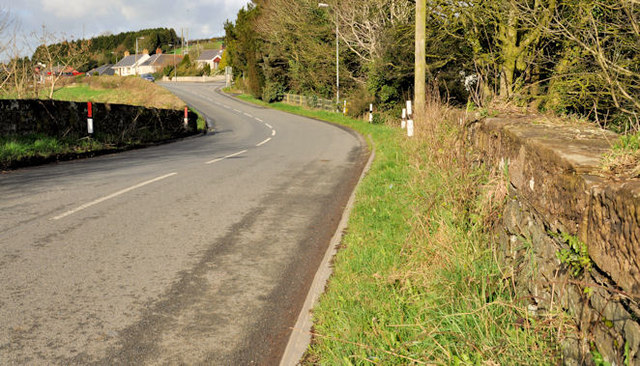 Image of winding country road with a wall either side and trees and bushes surrounding