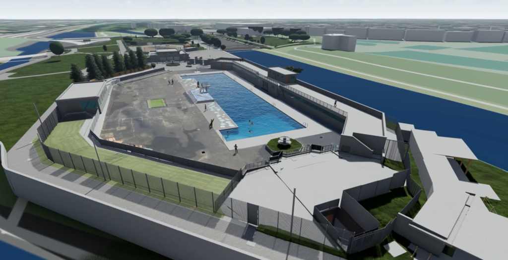 3D Revit model of leisure centre showing pool and buildings