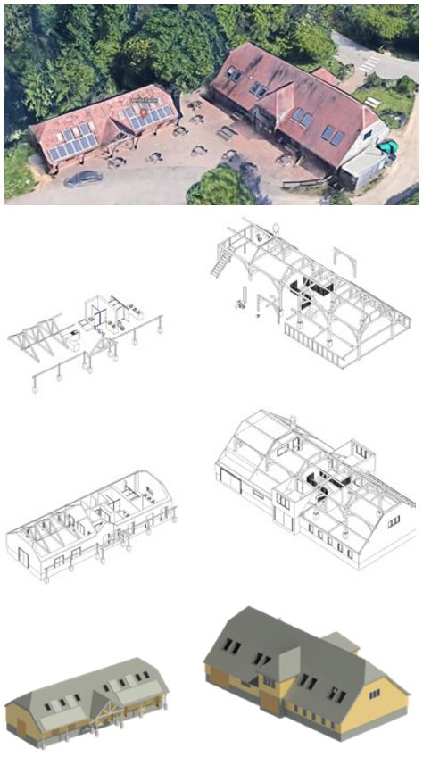 Drawing showing aeiral image, and other 3d modelling sections of 2 large buildings