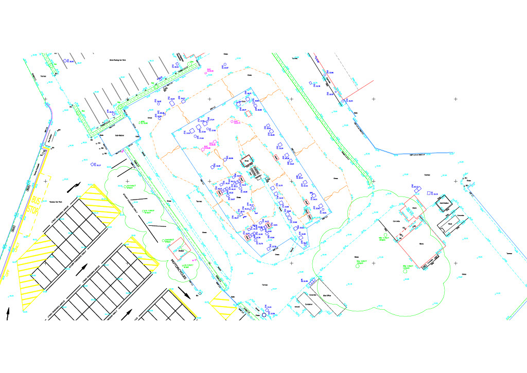 drawing showing topographical detail of a car park and footpath area