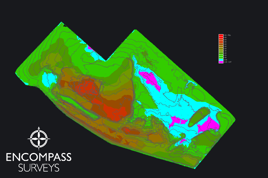 An Encompass Surveys branded Heat Map showing Cut & Fill levels of a drone survey